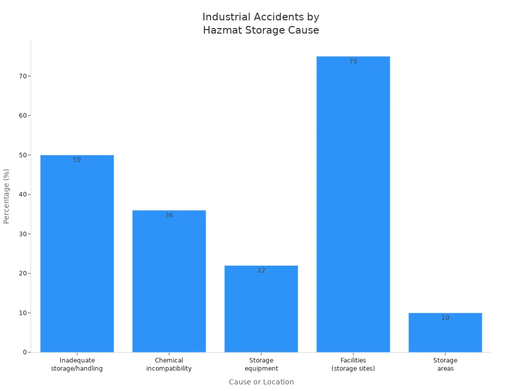 Bar chart showing percentages of industrial accidents by hazardous materials storage causes