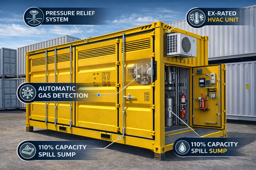 Explosion-proof container with integrated safety systems