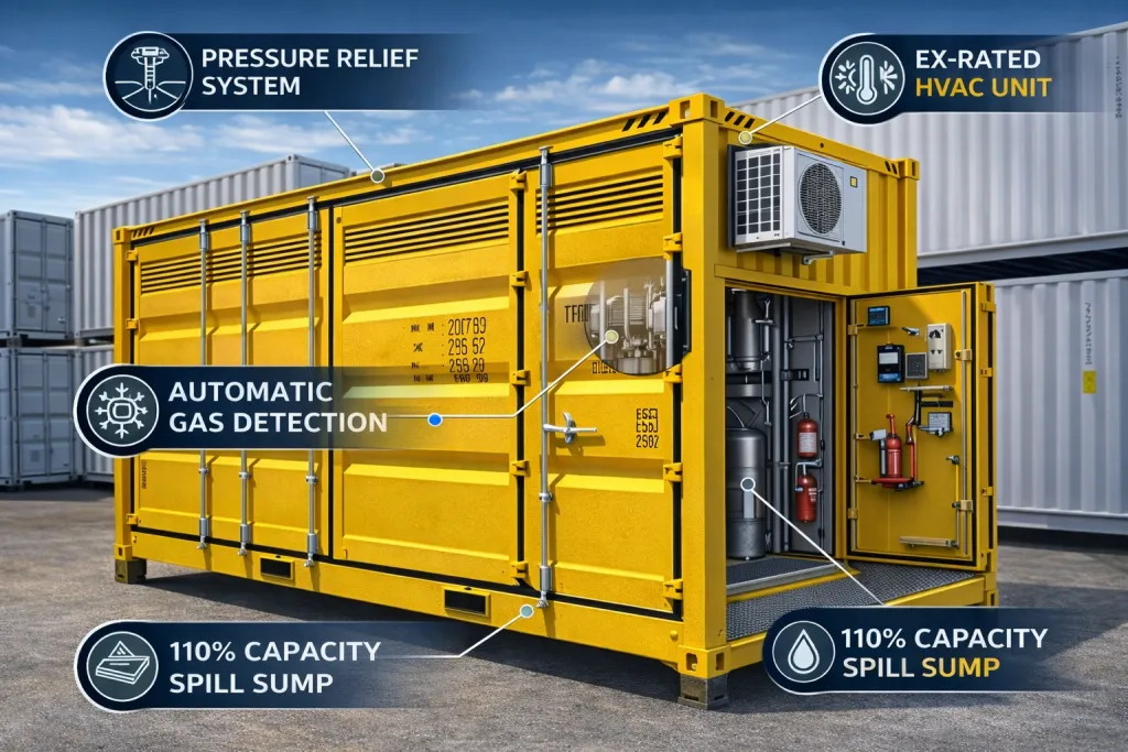 Explosion-proof container with integrated safety systems
